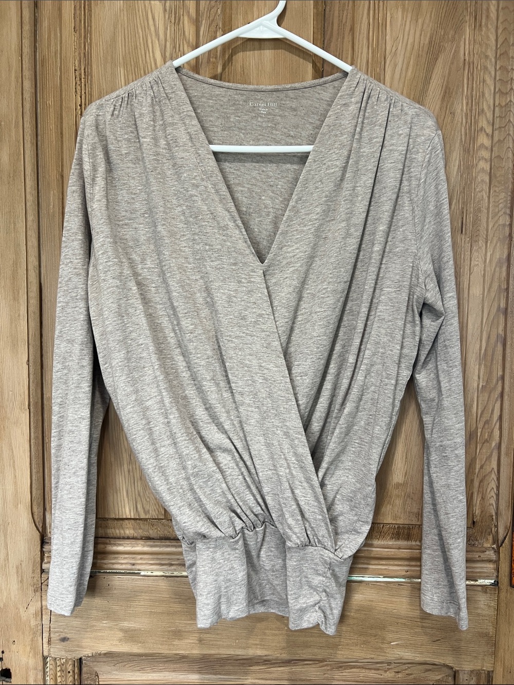 Garnet Hill Taupe Wrap-Style Long Sleeve Blouse